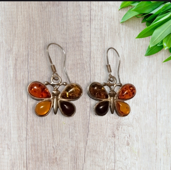 🦋 Genuine Baltic Amber & Sterling Silver Dangle Earrings - Picture 1 of 15